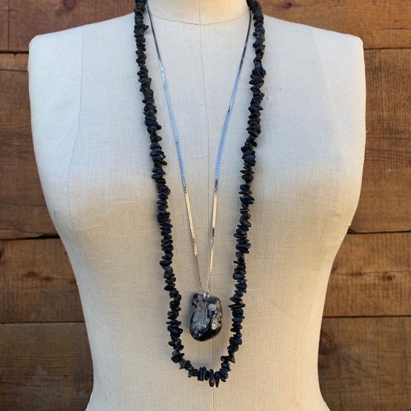 Pair Black Charcoal Gray Natural Stone Necklaces - Picture 3 of 9